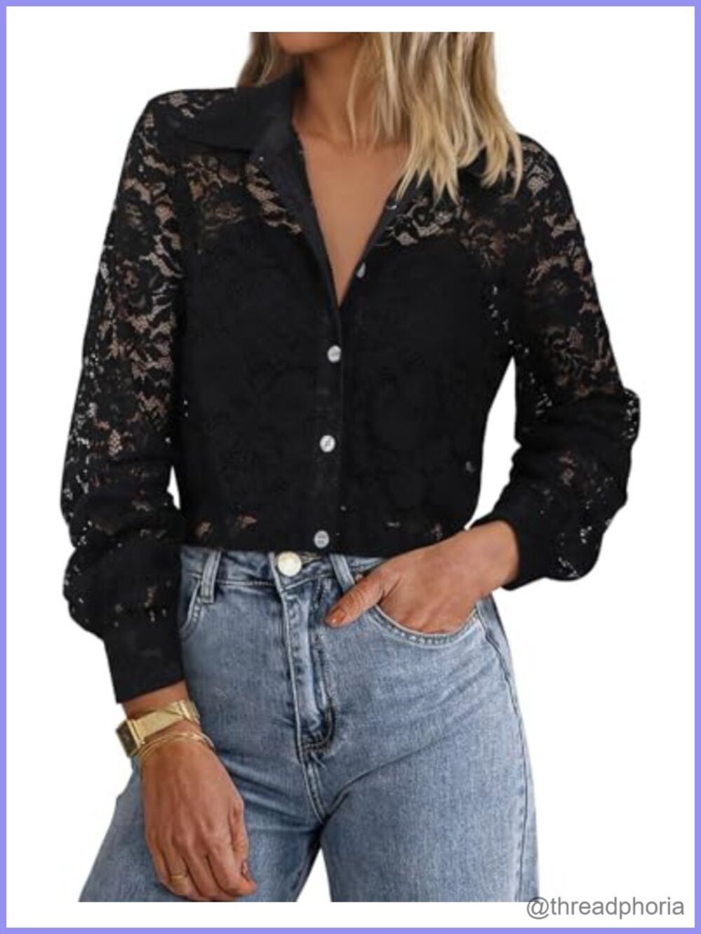 Lace Button Down Tunic Blouse Long Sleeve V Neck Sheer Dressy Casual Top